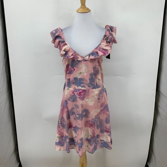 Wildfox Blair Dress Women L Large Soft Abstract Watercolor Ruffled V Neck A Line - Picture 2 of 14